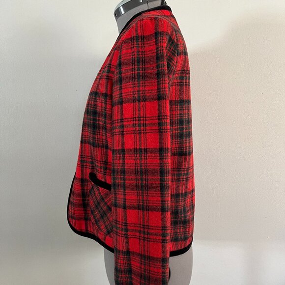 VTG Century of Boston Sz M Tartan Plaid Velvet Trim Open Front Jacket - Picture 3 of 10
